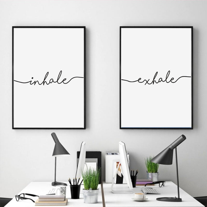 Minimalistische Zwart Wit Uitademen Inademen Letters - Canvas Muurkunst Schilderij