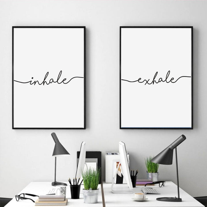 Minimalistische Zwart Wit Uitademen Inademen Letters - Canvas Muurkunst Schilderij