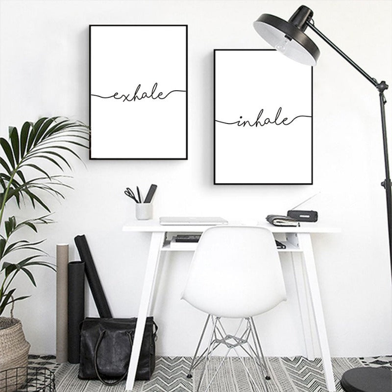 Minimalistische Zwart Wit Uitademen Inademen Letters - Canvas Muurkunst Schilderij