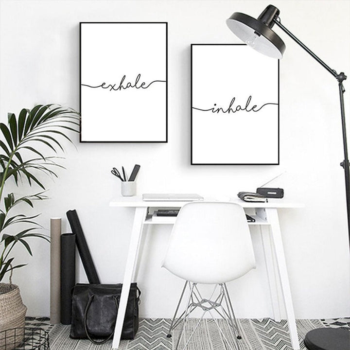 Minimalistische Zwart Wit Uitademen Inademen Letters - Canvas Muurkunst Schilderij