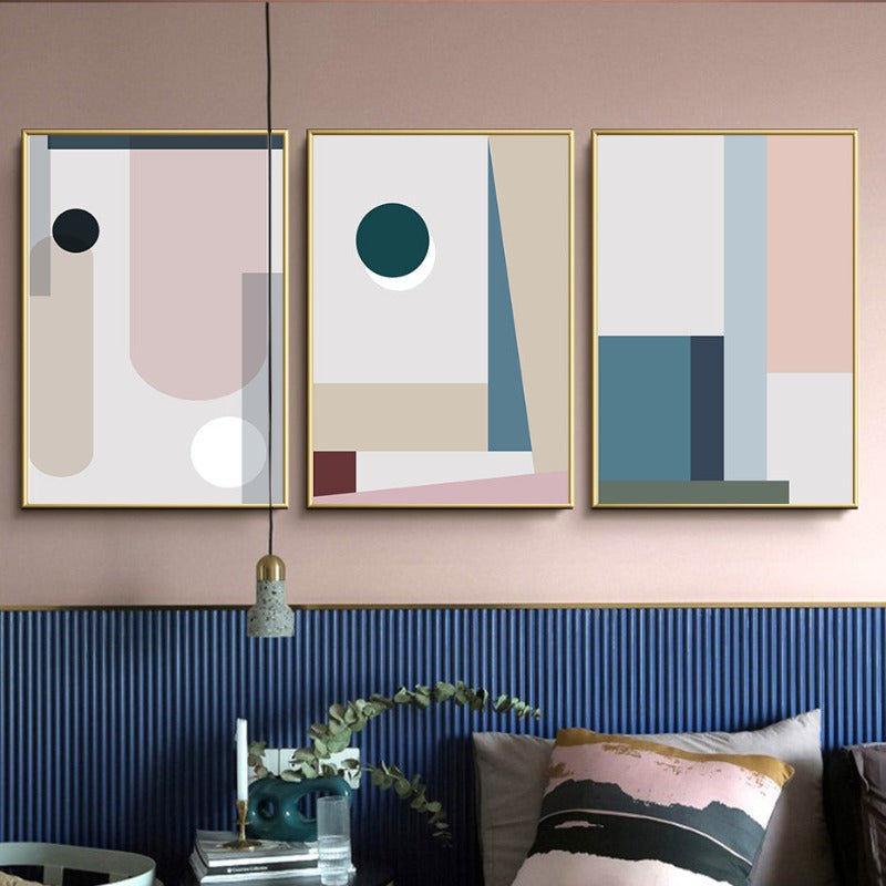 Minimalistische Abstracte Geometrische Roze Blauw - Canvas Muur Kunst Schilderij