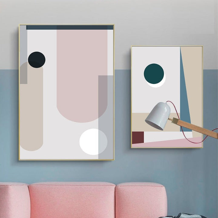 Minimalistische Abstracte Geometrische Roze Blauw - Canvas Muur Kunst Schilderij