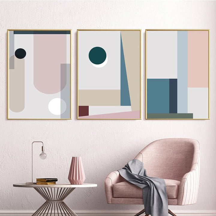 Minimalistische Abstracte Geometrische Roze Blauw - Canvas Muur Kunst Schilderij