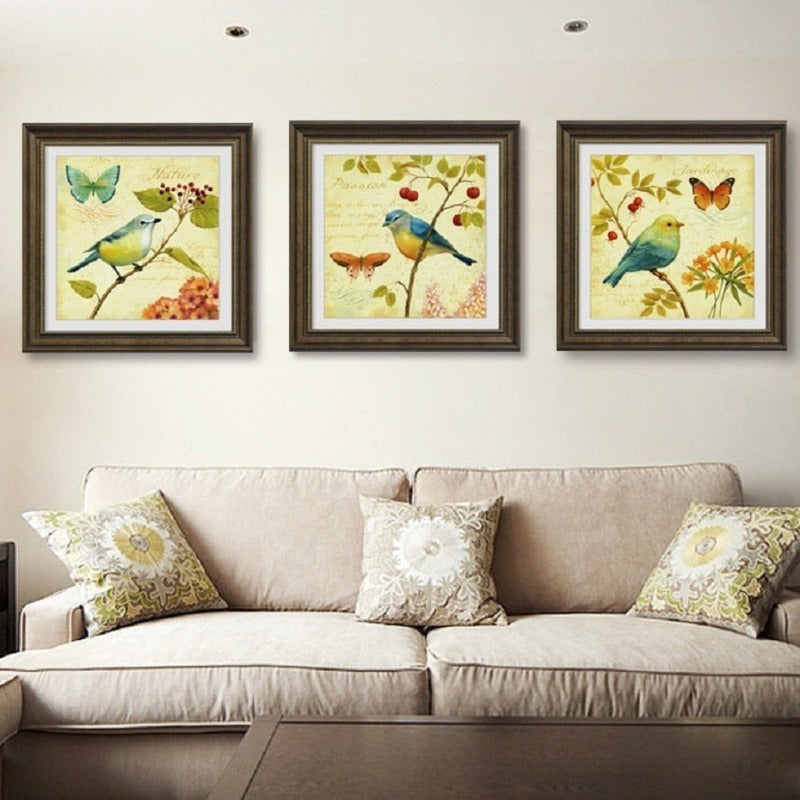 Vintage Europa Vogels Vlinder Bloemen - Canvas Muurkunst Schilderij