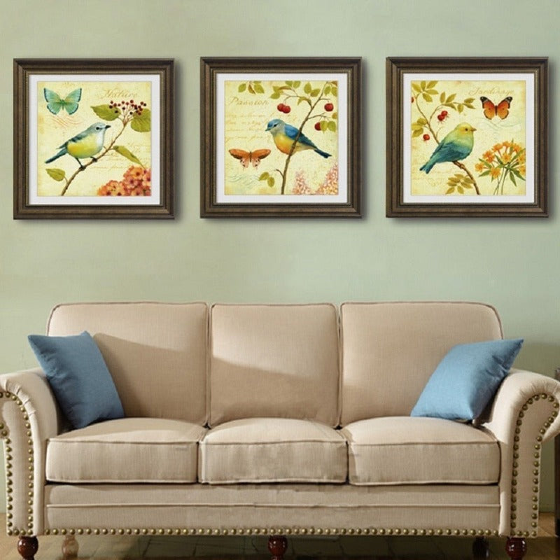 Vintage Europa Vogels Vlinder Bloemen - Canvas Muurkunst Schilderij