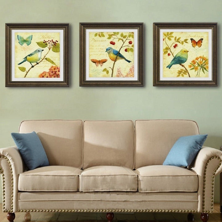 Vintage Europa Vogels Vlinder Bloemen - Canvas Muurkunst Schilderij