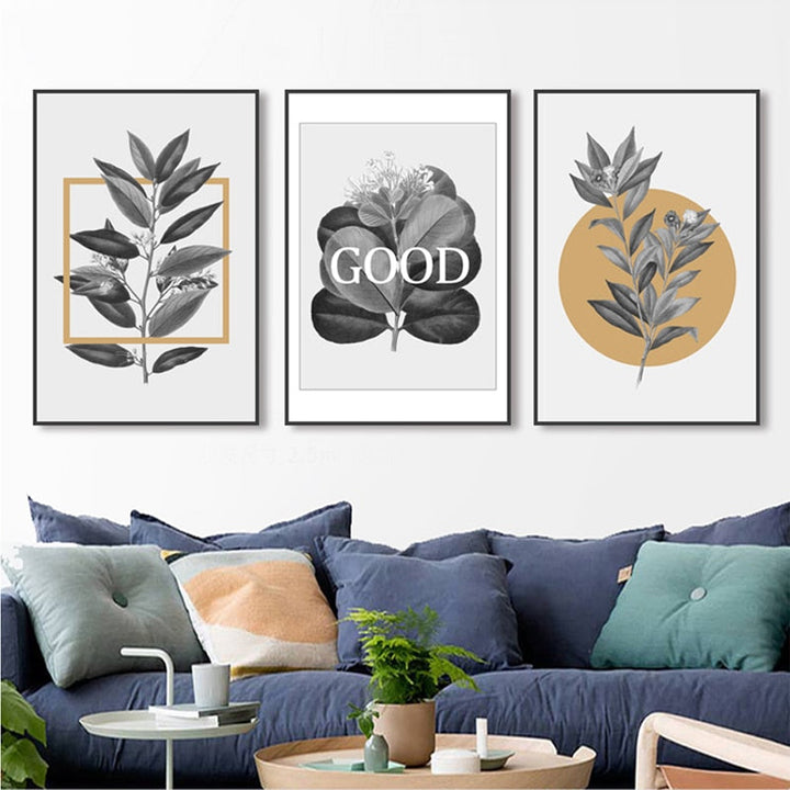 Grijze Bloemen Geometrische Nordic Prints Poster - Canvas Wanddecoratie Schilderij