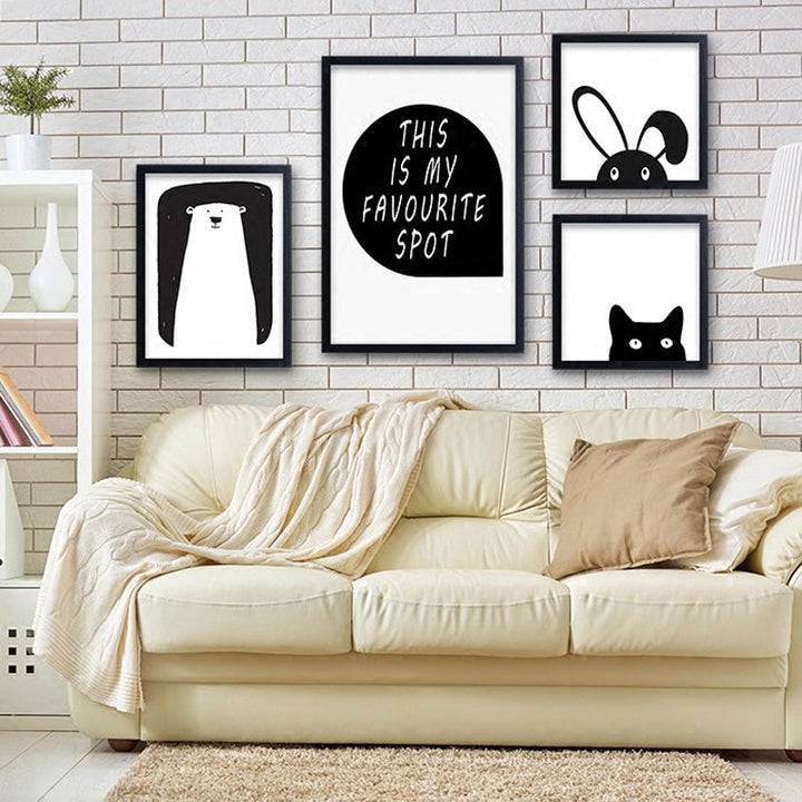 Minimalistische zwart-wit cartoonbeer kinderkamer decor - canvas wandkunst schilderij