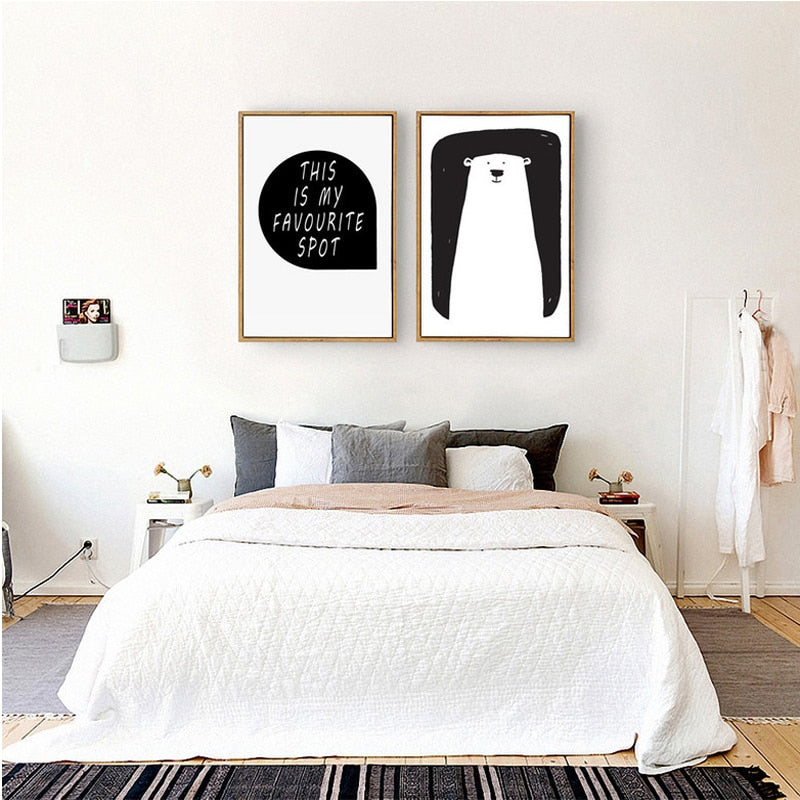 Minimalistische zwart-wit cartoonbeer kinderkamer decor - canvas wandkunst schilderij