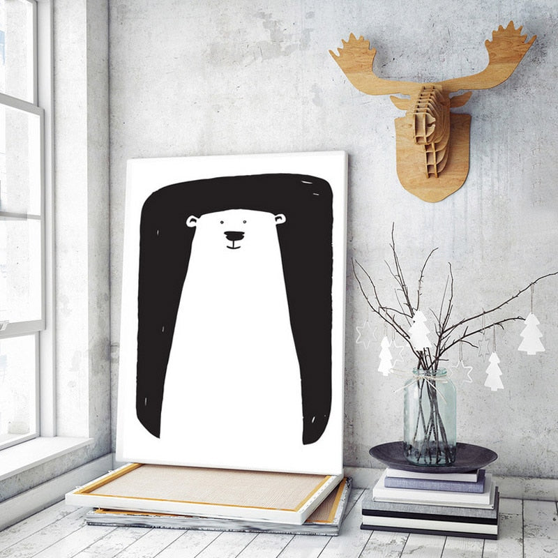 Minimalistische zwart-wit cartoonbeer kinderkamer decor - canvas wandkunst schilderij