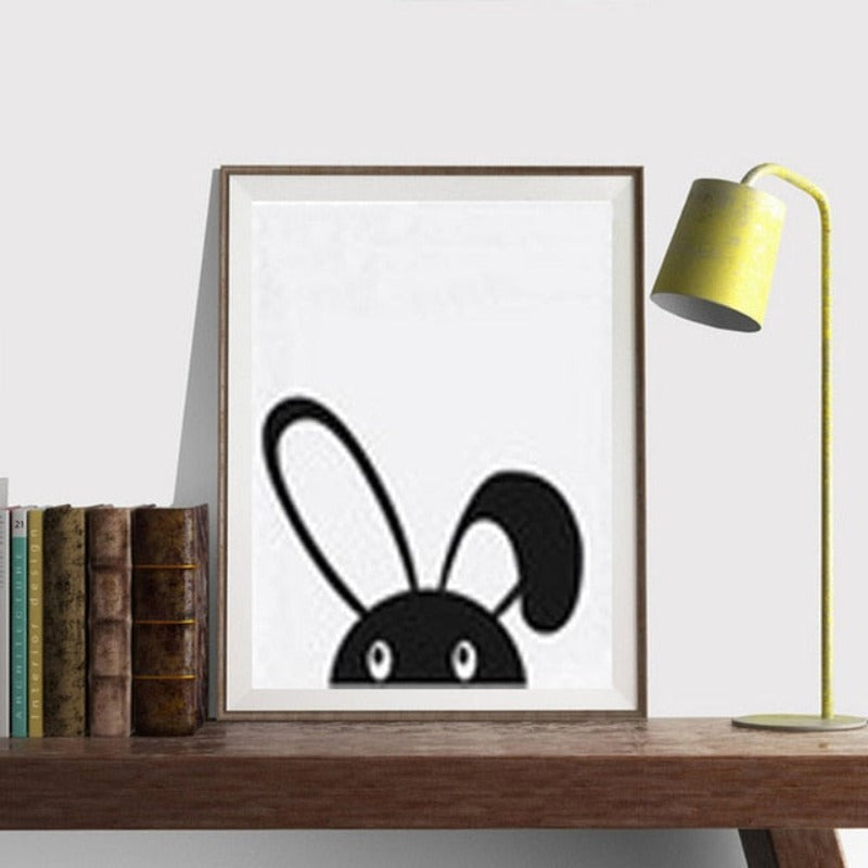 Minimalistische zwart-wit cartoonbeer kinderkamer decor - canvas wandkunst schilderij