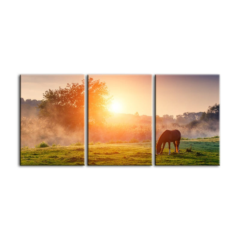 Zonsopgang Grazen Paard-Canvas Wandkunst Schilderij 3 Stukken