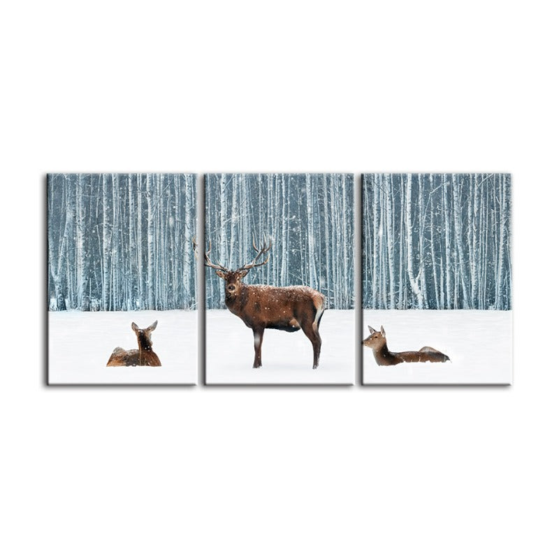 Twee herten en een doe in de winter - Canvas wandkunst schilderij 3 stukken