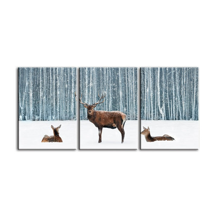 Twee herten en een doe in de winter - Canvas wandkunst schilderij 3 stukken