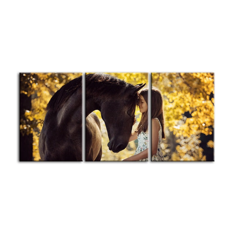 Vriendschap tussen een meisje en een paard - Canvas wandkunst schilderij 3 delen
